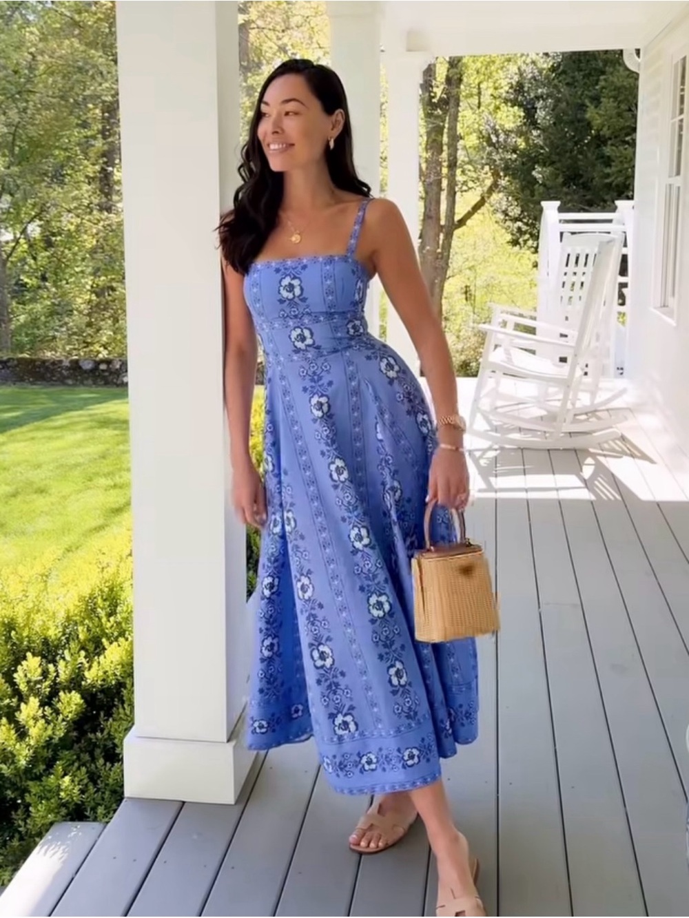 Hill House The Margot Arcadia Border Blue Square Neck Floral Strappy Midi Dress